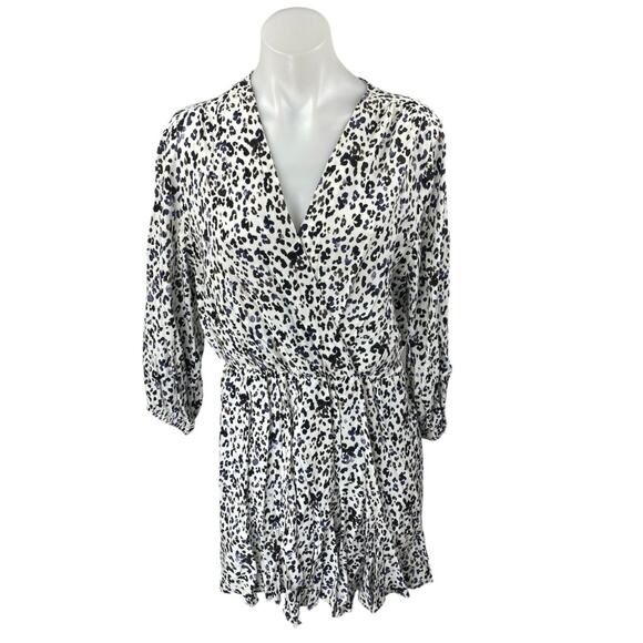 Zara White Black Leopard Long Sleeve V Neck Pleated Faux Wrap Aline Mini Dress L - Picture 2 of 5